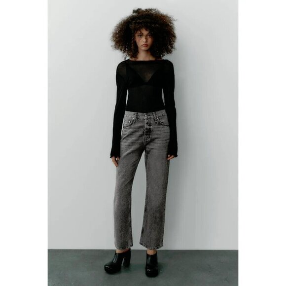 NWT Zara light wash black sparkle embellished mid rise straight leg jeans, 10 - Picture 2 of 15